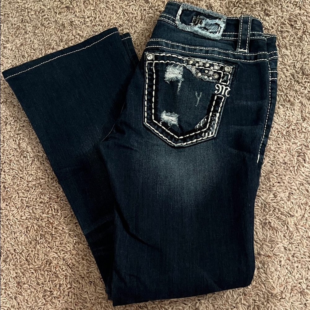Miss Me Dark Blue Boot Cut Jeans with Embellished and Distressed Pockets, 28